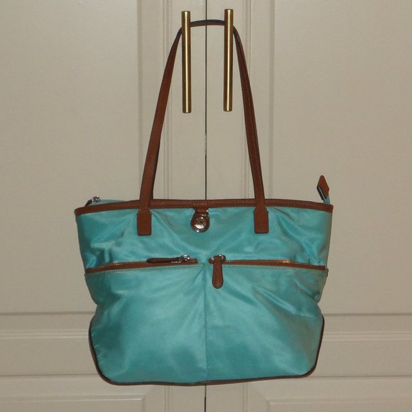MICHAEL KORS Turquoise Canvas & Leather Shoulder Purse Handbag - Picture 1 of 8